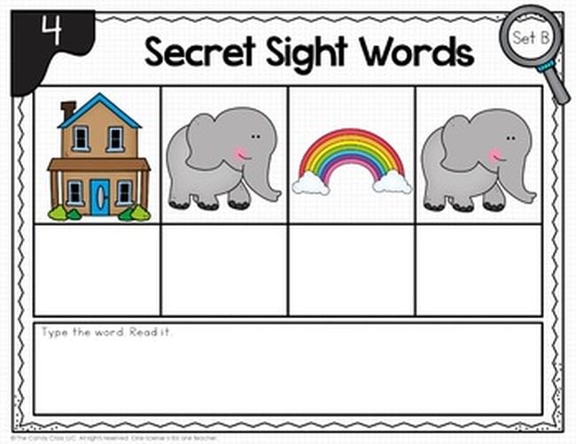 Picture of house, elephant, rainbow, and elephant, with boxes below for beginning letters - Sight Words Google Slides