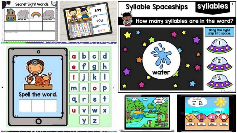Collage of interactive phonics and sight words Google Slides