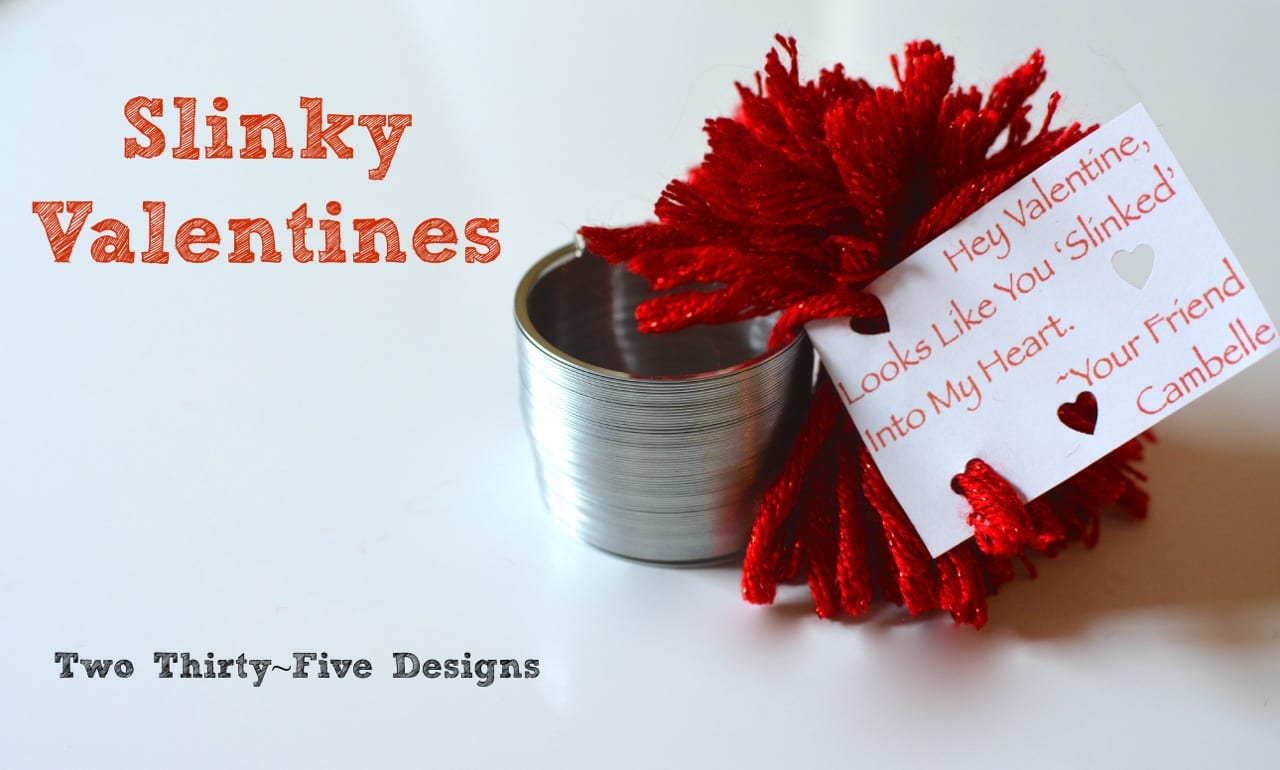Slinky valentines, a slinking with a red yarn bow and a card that says, "Hey Valentine, Looks Like You 'Slinked' Into My Heart."