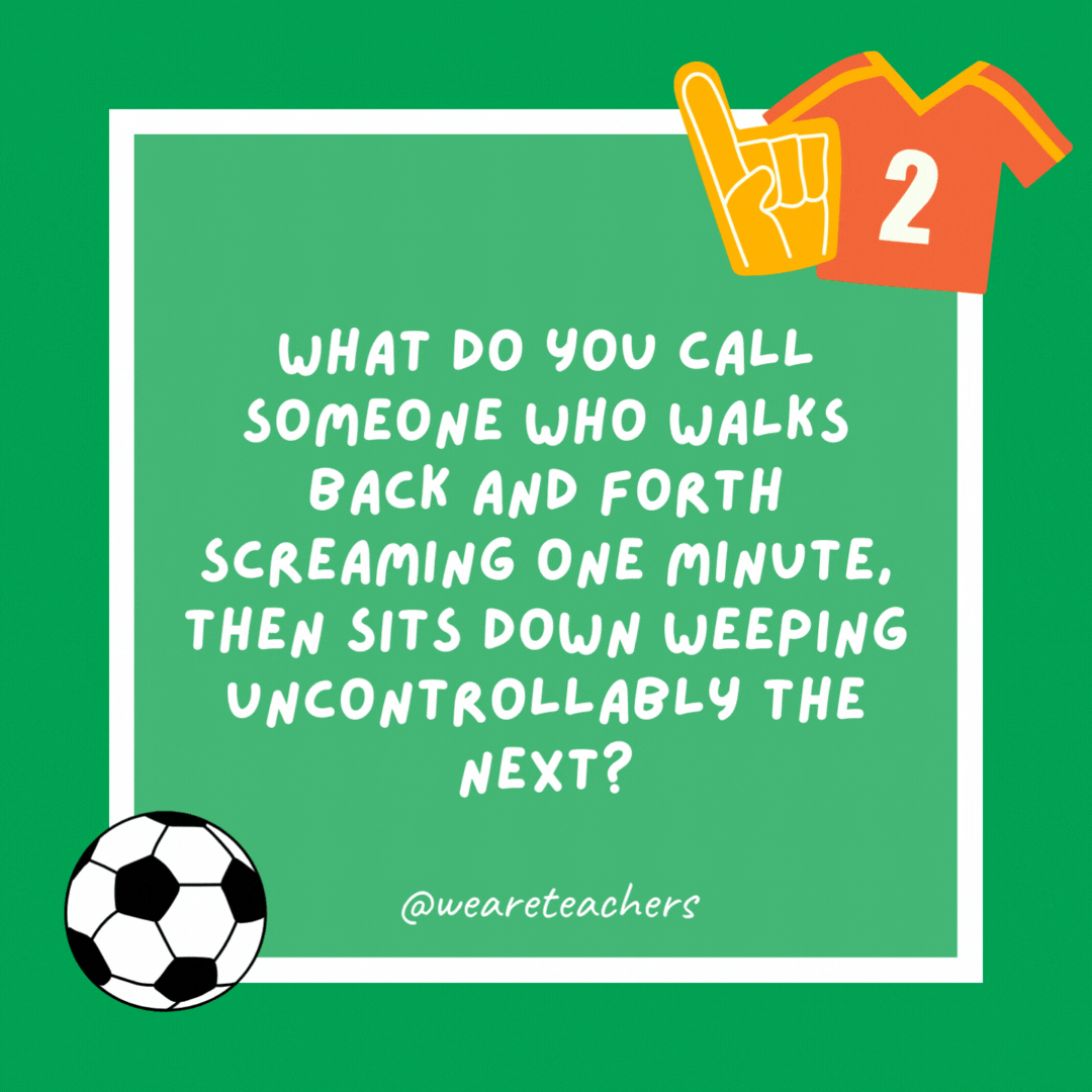 What do you call someone who walks back and forth screaming one minute, then sits down weeping uncontrollably the next?

A soccer coach.
