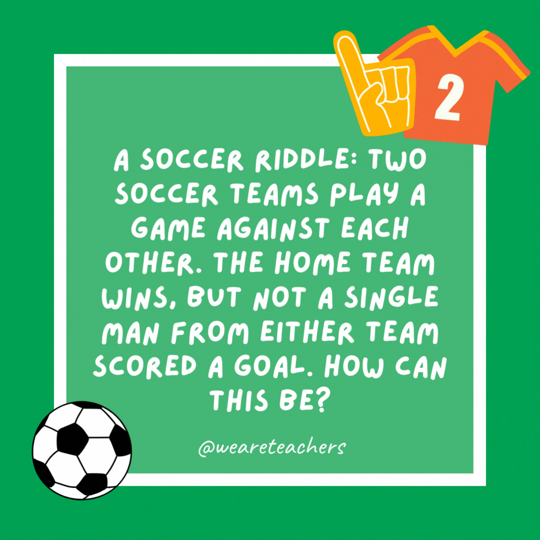 A soccer riddle: Two soccer teams play a game against each other. The home team wins, but not a single man from either team scored a goal. How can this be?

They were women’s soccer teams!