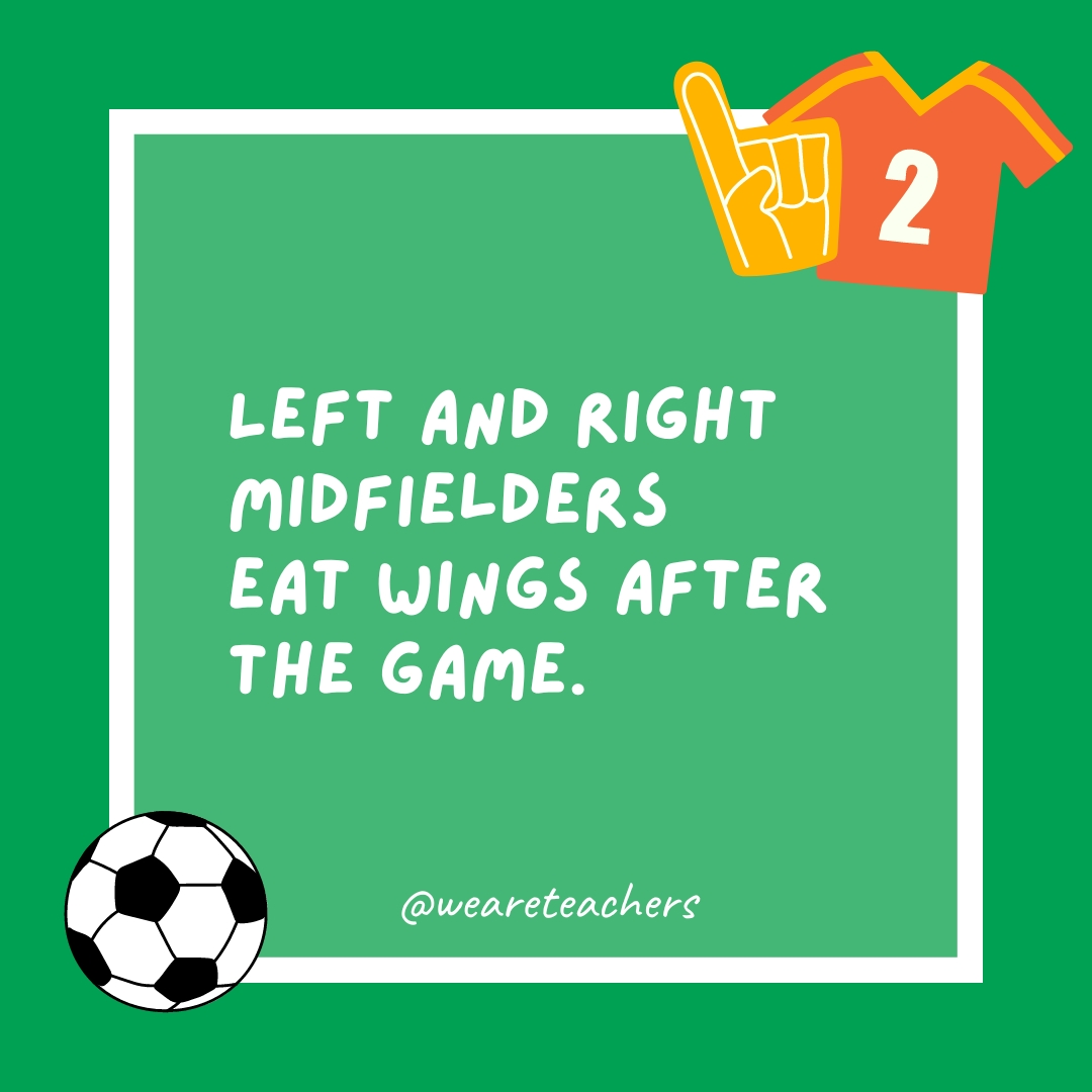 Left and right midfielders eat wings after the game.- soccer jokes