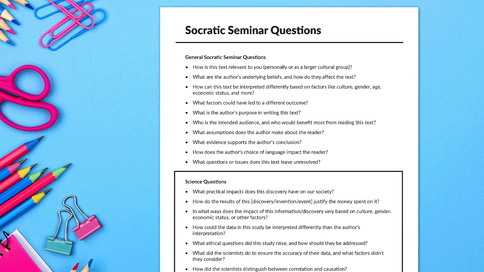 GIF featuring printable list of Socratic seminar questions.