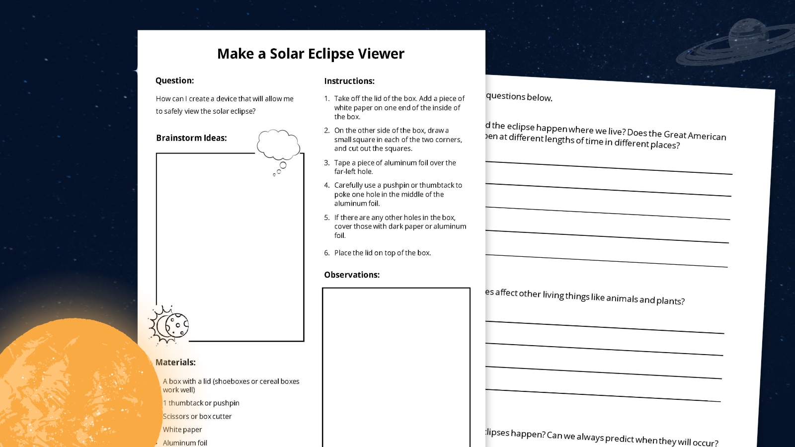 Printable solar eclipse worksheets.