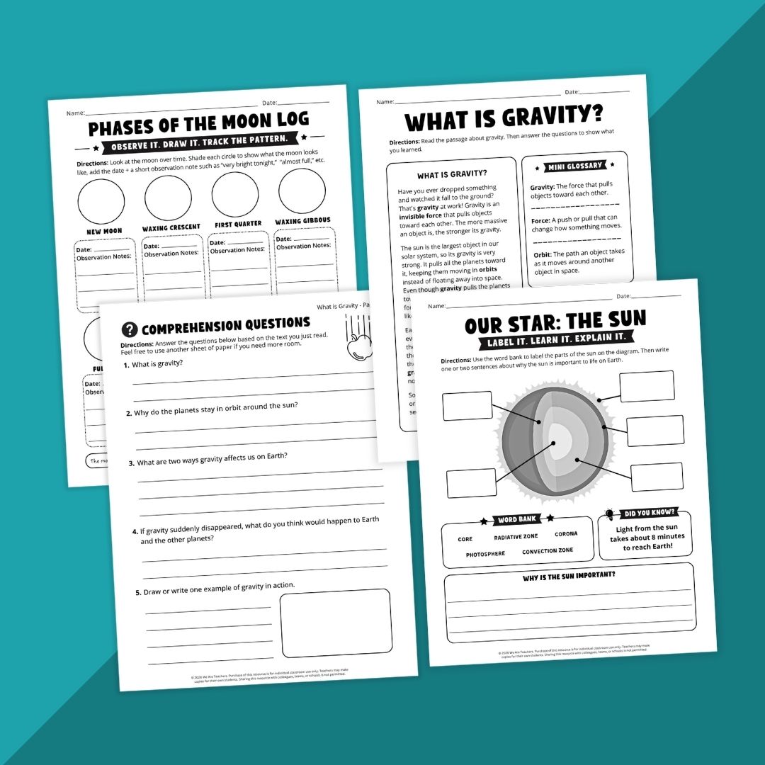 Images of several solar system unit worksheets.