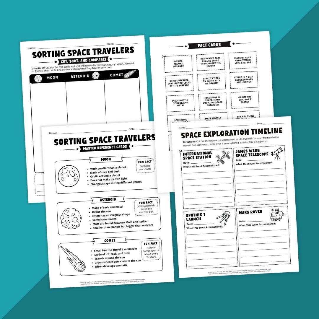 Photos of pages from the Solar System Unit Worksheet & Activity Bundle.