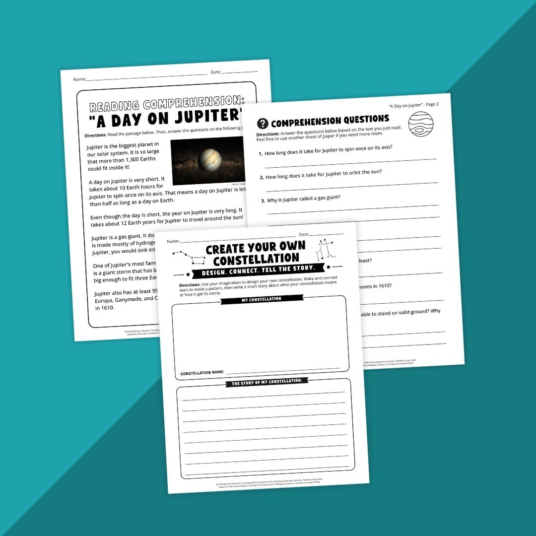 Images from a reading passage activity from the Solar System Unit Worksheet & Activity Bundle.