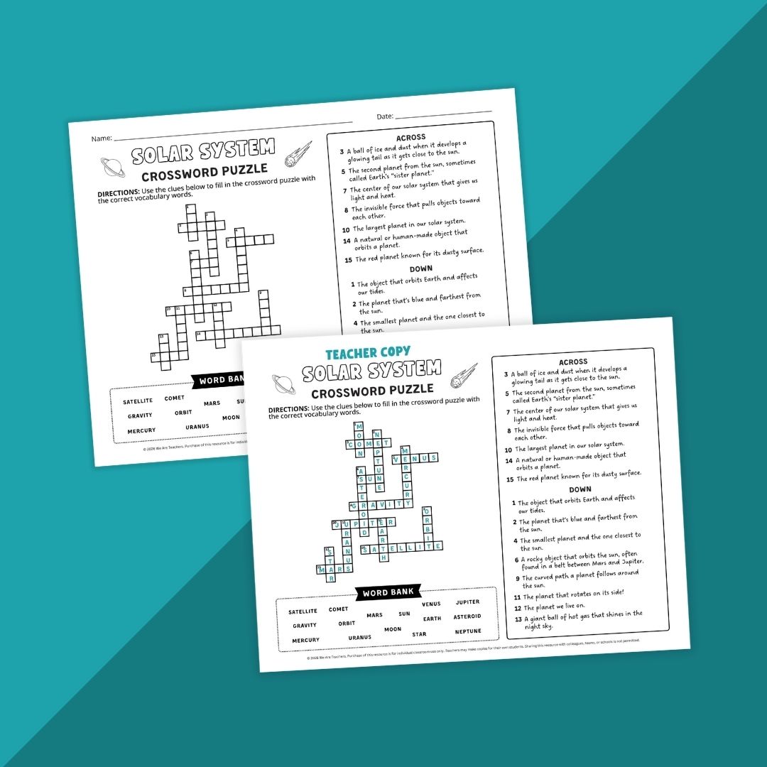Images of two solar system crossword puzzles.