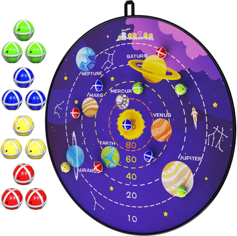 A soft dartboard is shown with the solar system on it. Small velcro balls of different colors are also shown.