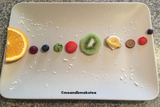 a tray with fruits of different sizes laid out in a line to represent the order of the planets