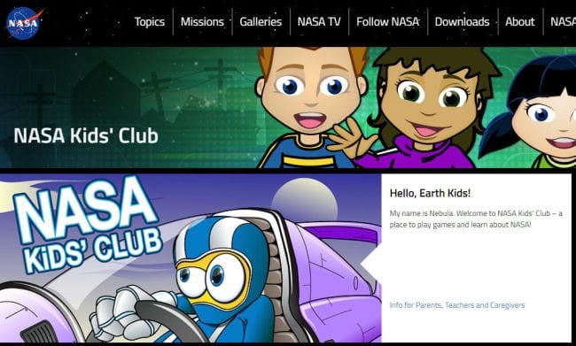 screen shot of NASA kids' club website