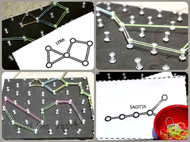 Space Activities for Kids using a geoboard made from pushpins and rubber bands to form constellations
