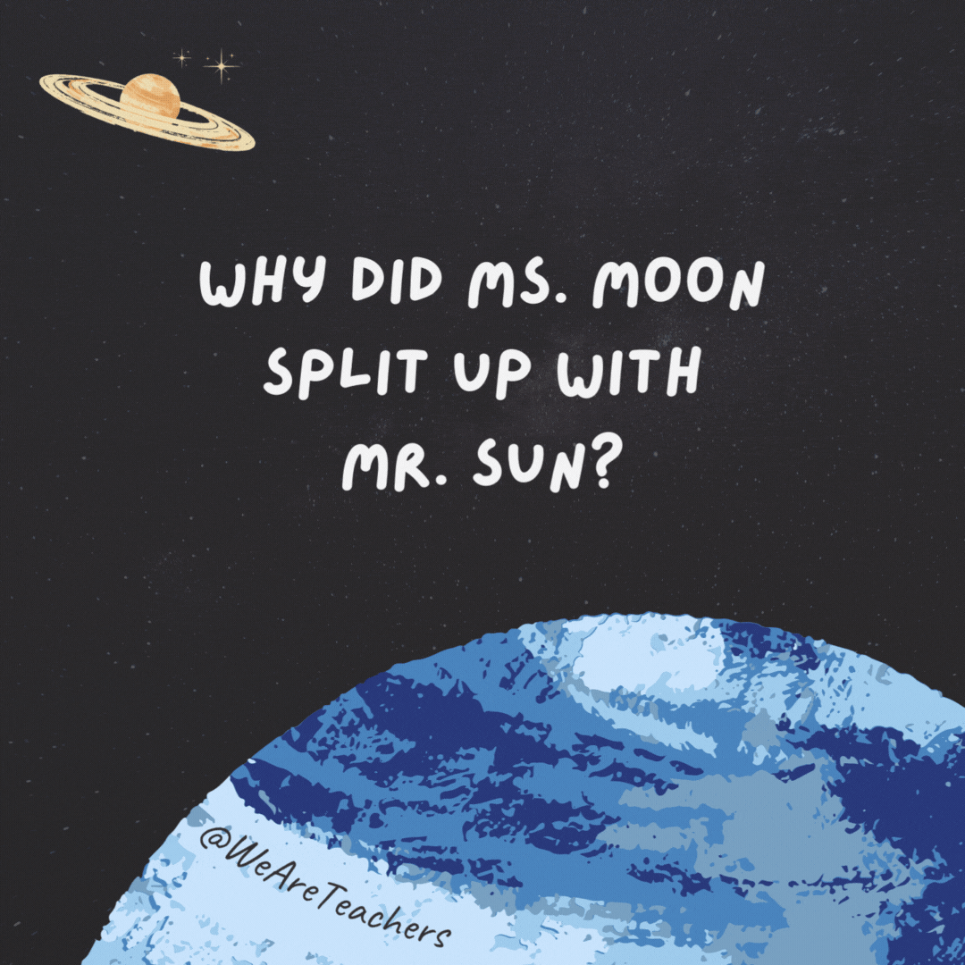 Why did Ms. Moon split up with Mr. Sun?

He never wanted to go out with her at night.