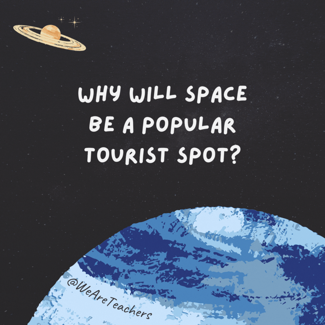 Why will space be a popular tourist spot?

The view is breathtaking and will leave you speechless.- space jokes