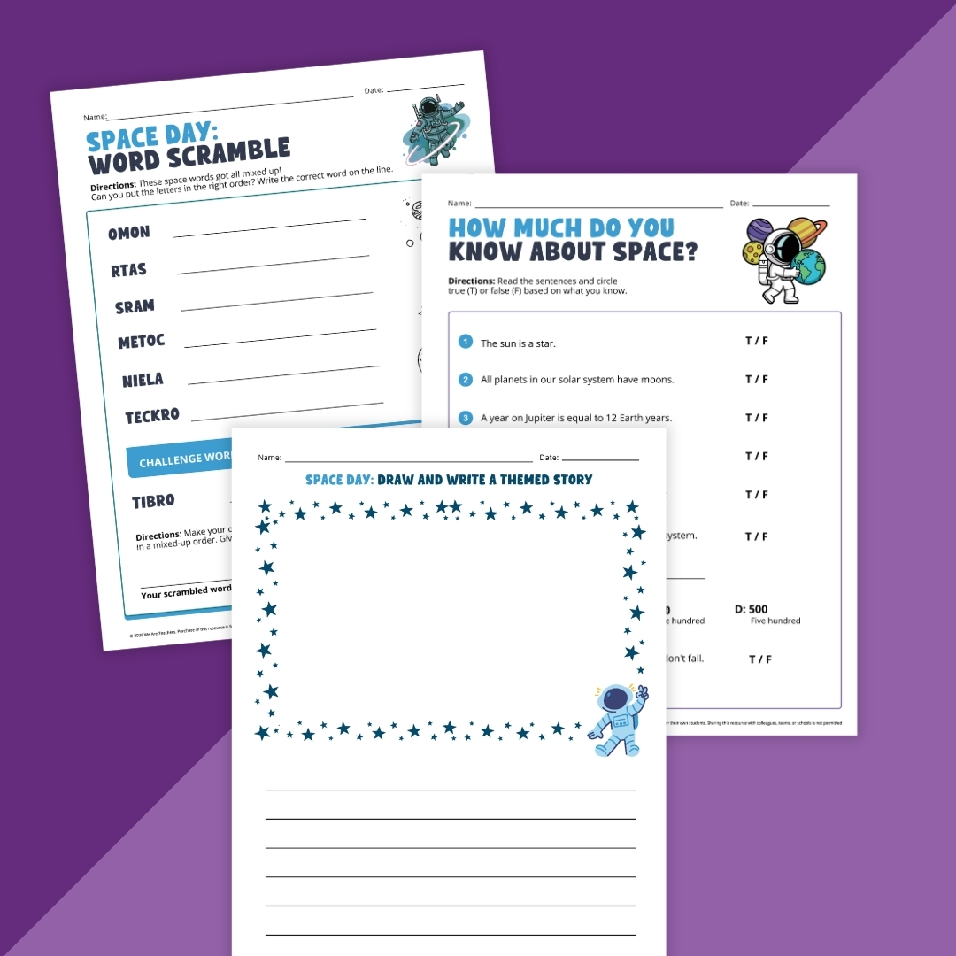 Worksheets from the Space Theme Day Activities Bundle.