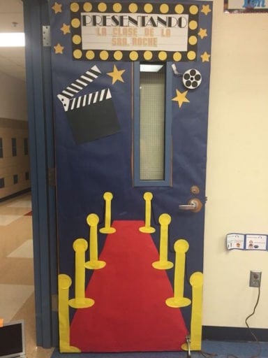 Door with picture of red carpet