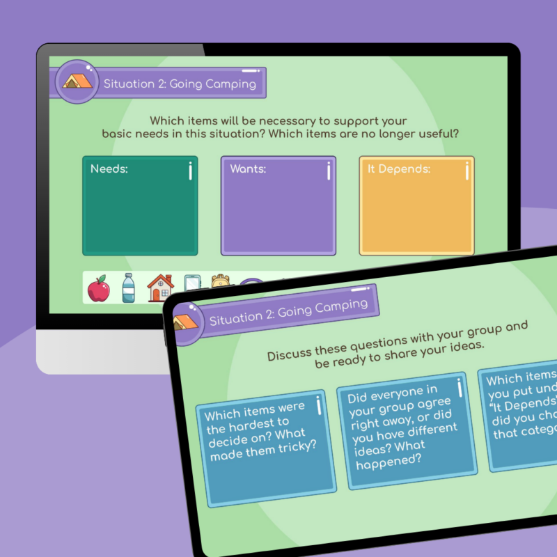 Save Spend Decide Google Slideshow Image of slides from the wants and needs financial literacy activity Google Slides game.