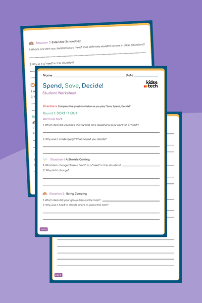 Spend Save Decide Student Worksheets Images of the student worksheet from wants and needs financial literacy activitiy.
