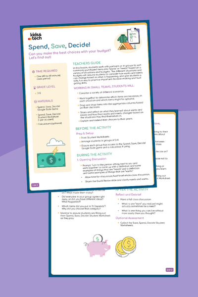 Spend Save Decide Teacher’s Guide Images of the teacher's guide for the wants and needs financial literacy activity.