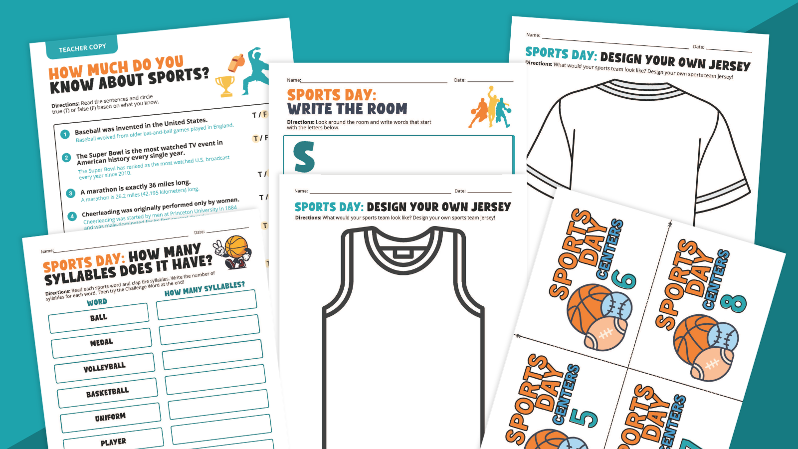 Images from the activities featured in the Sports Theme Day Activity Bundle.