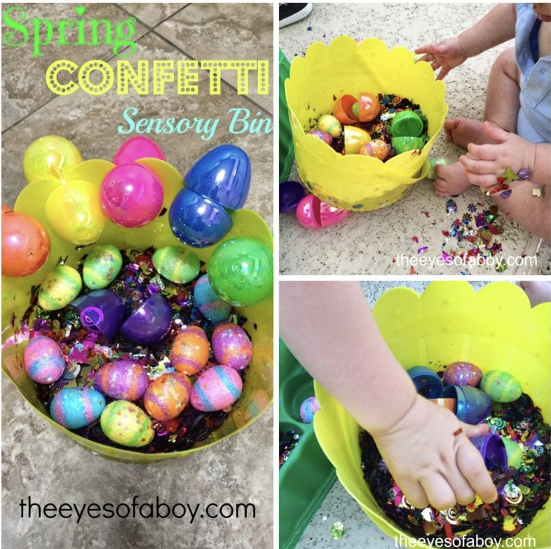 A collage of three images of a student's hands in a yellow sensory bin with plastic easter eggs and confetti
