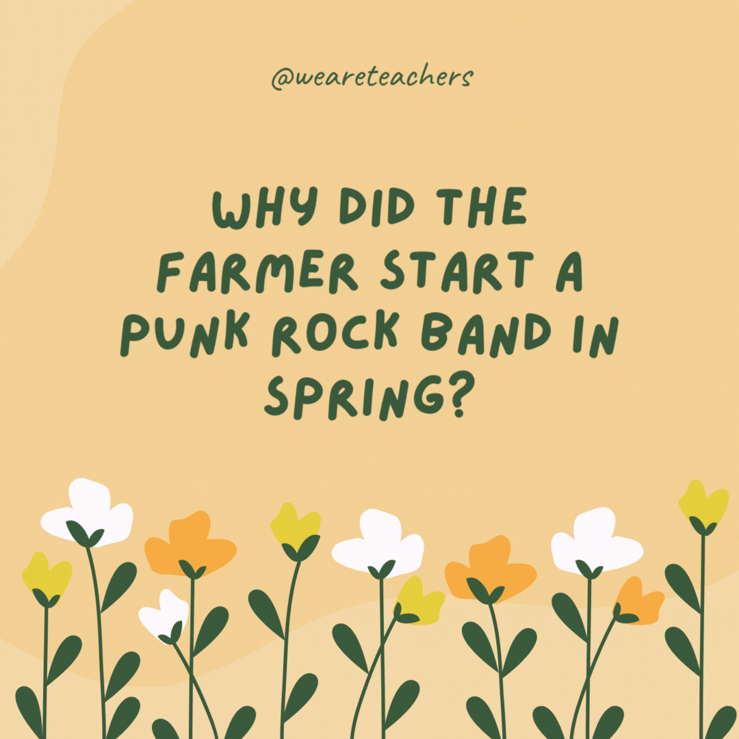 Why did the farmer start a punk rock band in spring?

Because he was tired of hoeing the same old row.