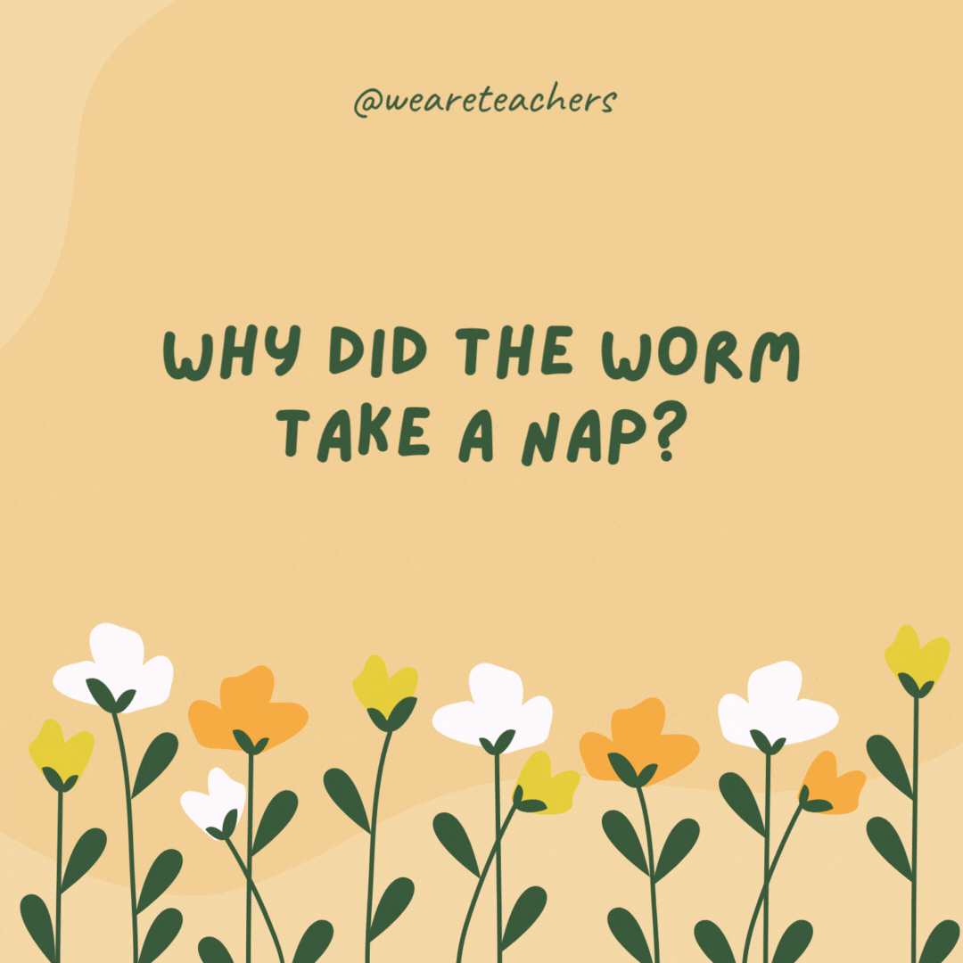 Why did the worm take a nap?

Because it was tired from turning the spring soil.