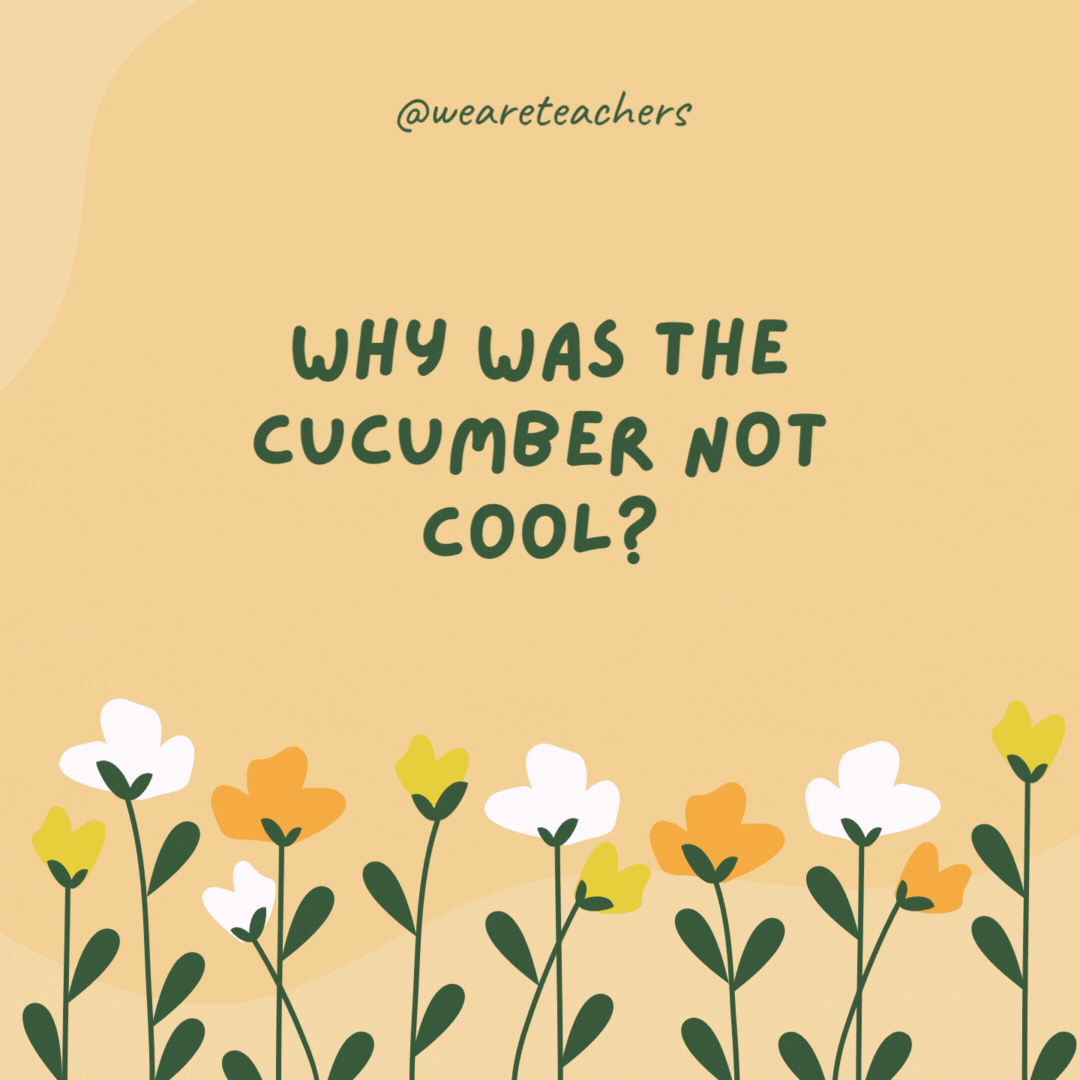 Why was the cucumber not cool?

Because it saw the salad dressing for the spring picnic.