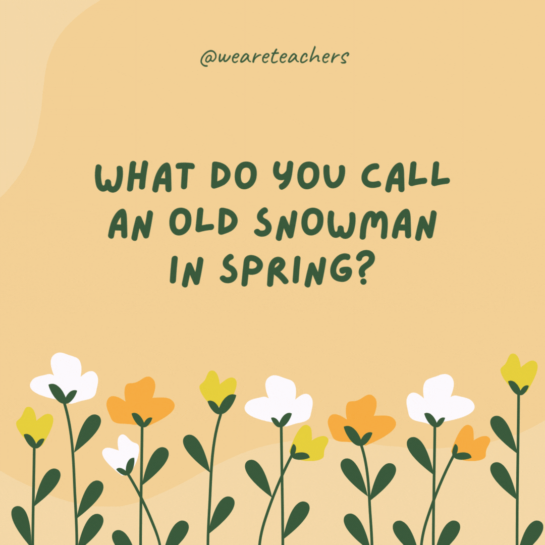 What do you call an old snowman in spring?

A puddle.