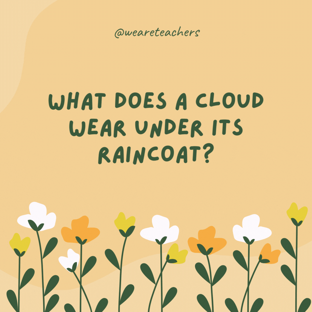 What does a cloud wear under its raincoat?

Thunderwear.