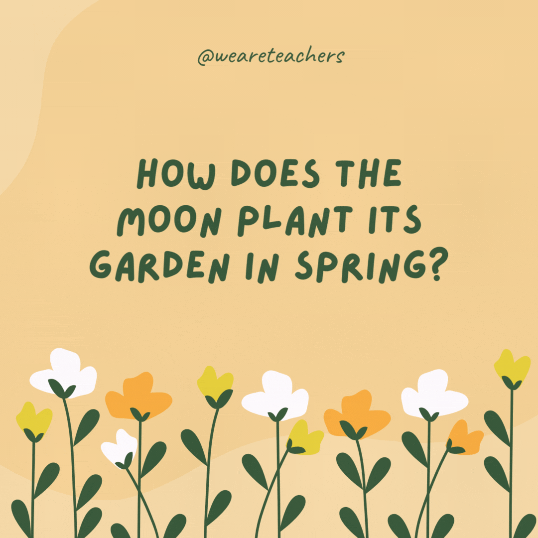 How does the moon plant its garden in spring?

By the moonlight, using a space shovel.