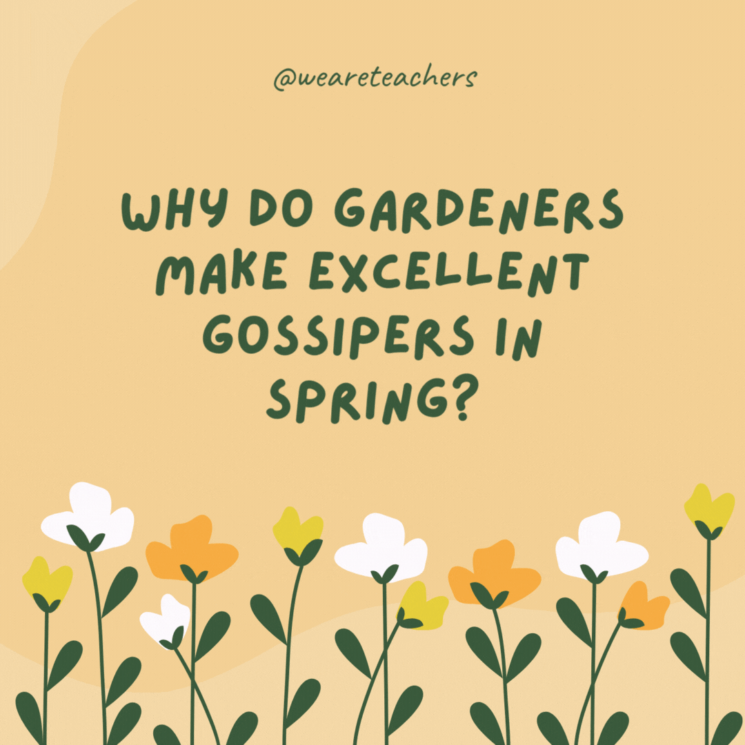 Why do gardeners make excellent gossipers in spring?

Because they have the best dirt.- spring jokes