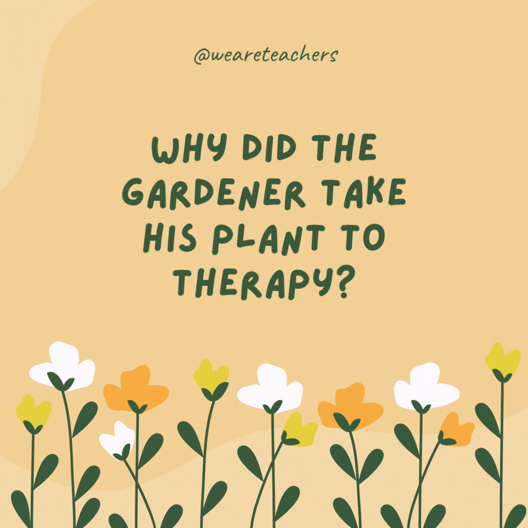 Why did the gardener take his plant to therapy?

Because it had growing pains.- spring jokes