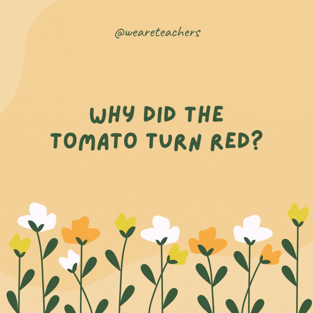 Why did the tomato turn red?

Because it saw the salad dressing for the spring feast.