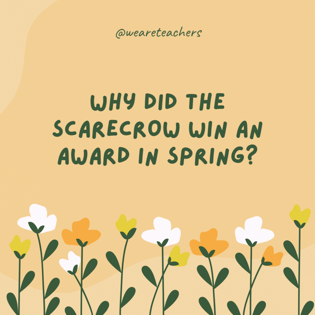 Why did the scarecrow win an award in spring?

Because he was outstanding in his field.- spring jokes