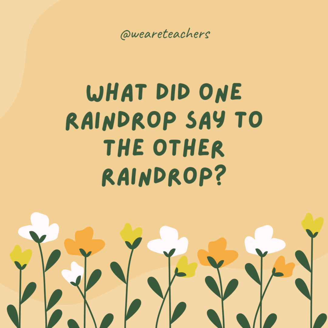 What did one raindrop say to the other raindrop?

Two is company and three’s a cloud.