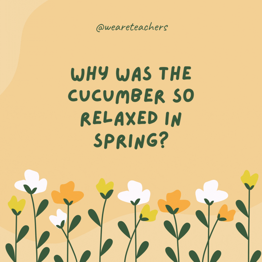 Why was the cucumber so relaxed in spring?

Because it finally pickled the perfect spot in the garden.