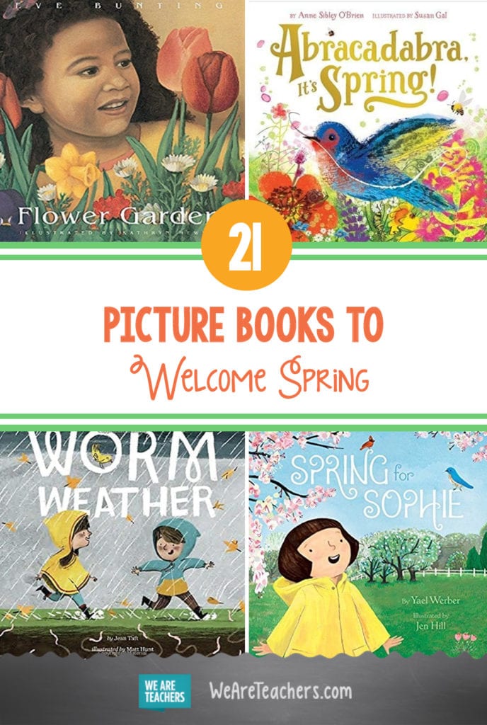 A collage of spring picture books as an example of spring activities for preschoolers