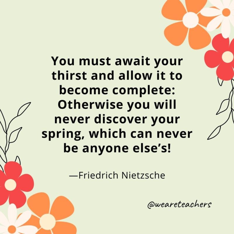 You must await your thirst and allow it to become complete: Otherwise you will never discover your spring, which can never be anyone else's! - Friedrich Nietzsche