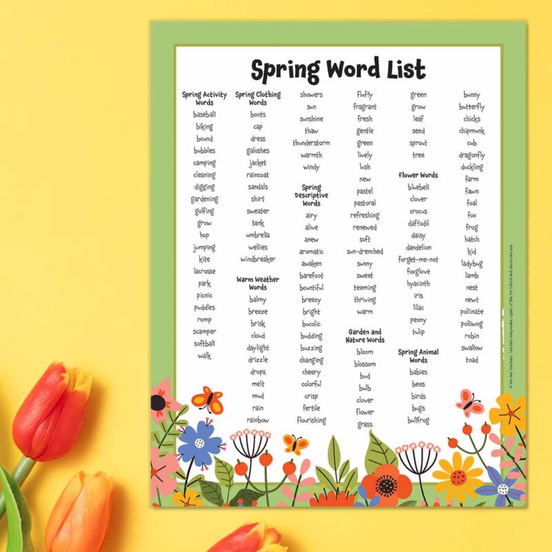 Printable spring word list on square yellow background with tulips. 