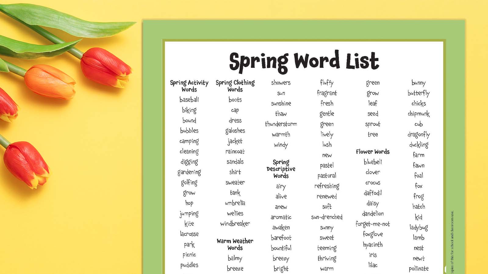 Printable spring word list on rectangular yellow background with tulips.