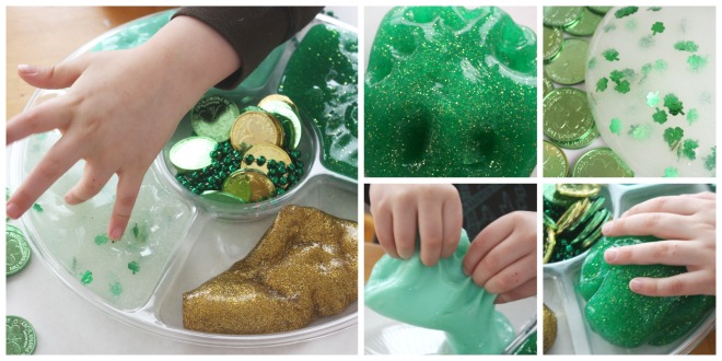 Collage of kid hands playing with DIY slime, as an example of St. Patrick's Day activities 