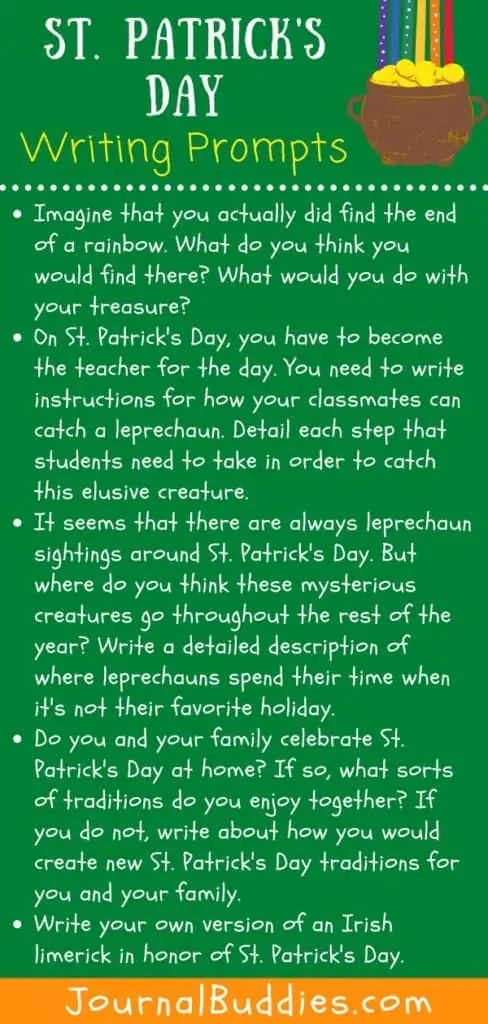 a poster of st patricks day writing prompts