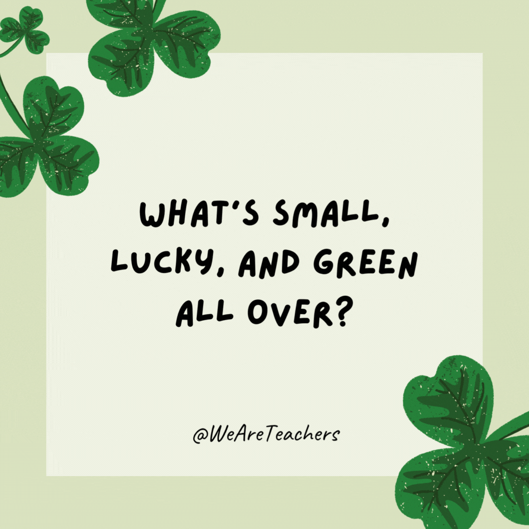 What's small, lucky, and green all over? 

A leprechaun who recycles.