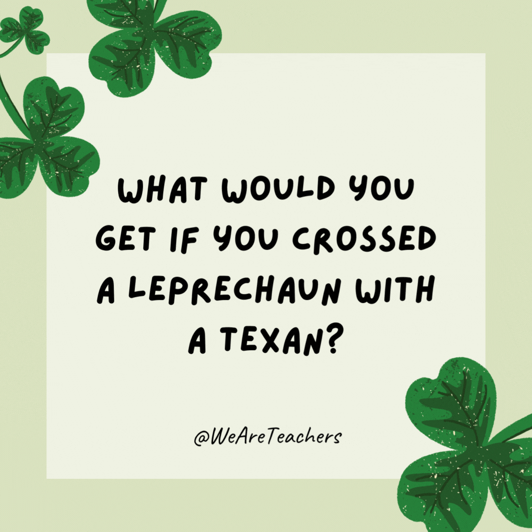 What would you get if you crossed a leprechaun with a Texan?

A pot of chili at the end of the rainbow!- St. Patrick's Day jokes