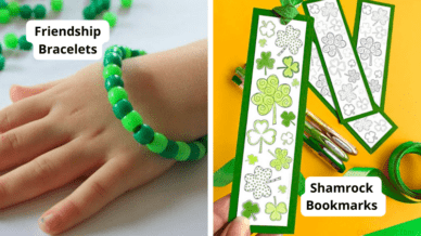 St. Patrick's Day Crafts for Kids including a hand wearing a green beaded friendship bracelet and shamrock bookmarks.