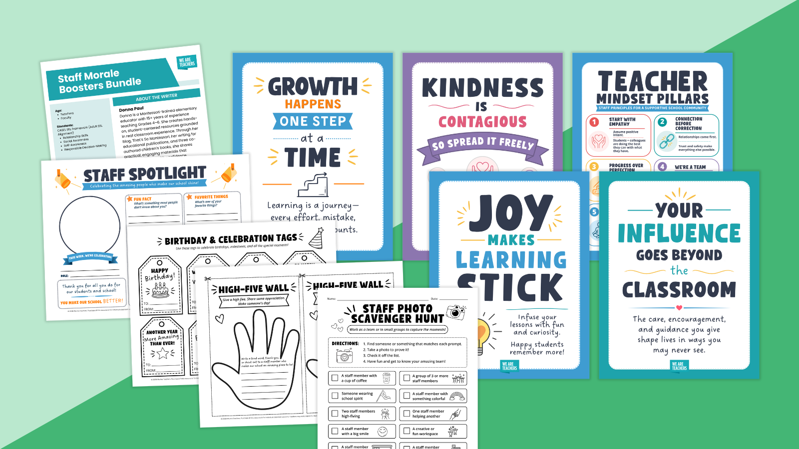 Feature image showing a variety of pages from the Staff Morale Boosters Bundle.