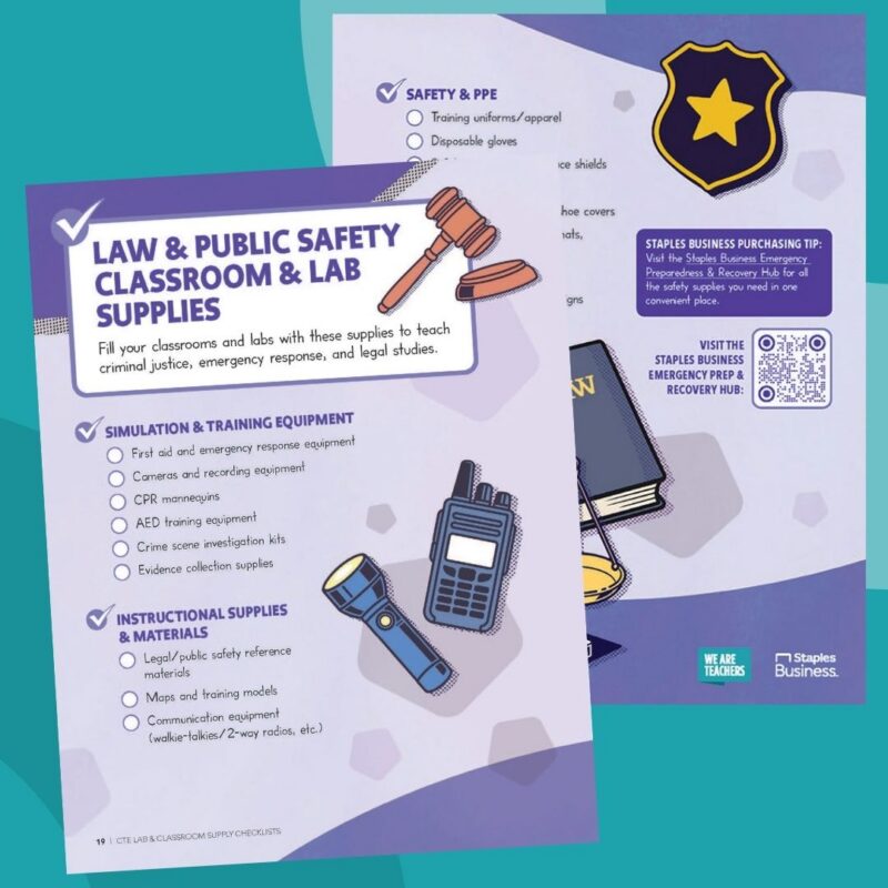 Collage of printable law and public safety CTE classroom supplies checklist from Staples Business.