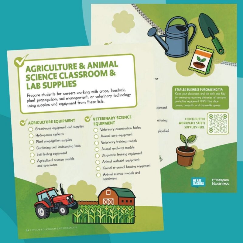Collage of printable agriculture and animals sciences CTE classroom supplies checklist from Staples Business.