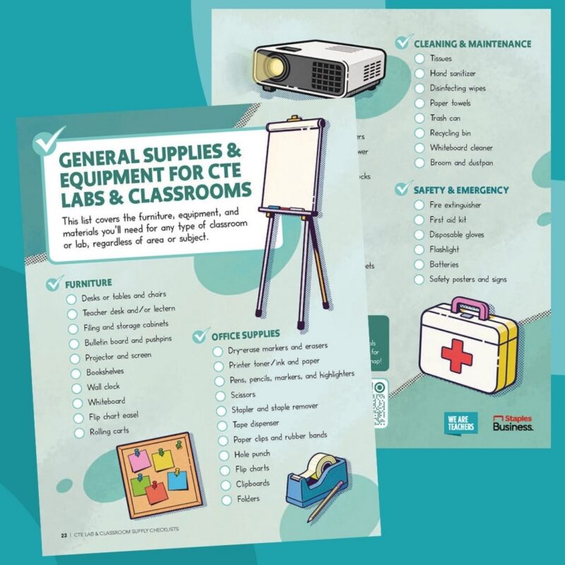 Collage of printable general CTE classroom supplies checklist from Staples Business.